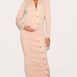 PrettyLittleThing Women's Maternity Stone Knitted Asymmetric Buttons Ruched Bump Midi Dress XS