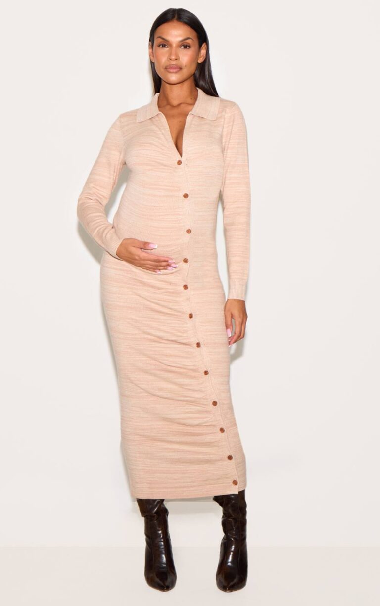PrettyLittleThing Women's Maternity Stone Knitted Asymmetric Buttons Ruched Bump Midi Dress XS