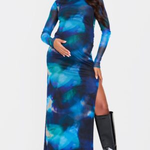 PrettyLittleThing Women's Maternity Printed Mesh Long Sleeve Maxi Dress, Black 6