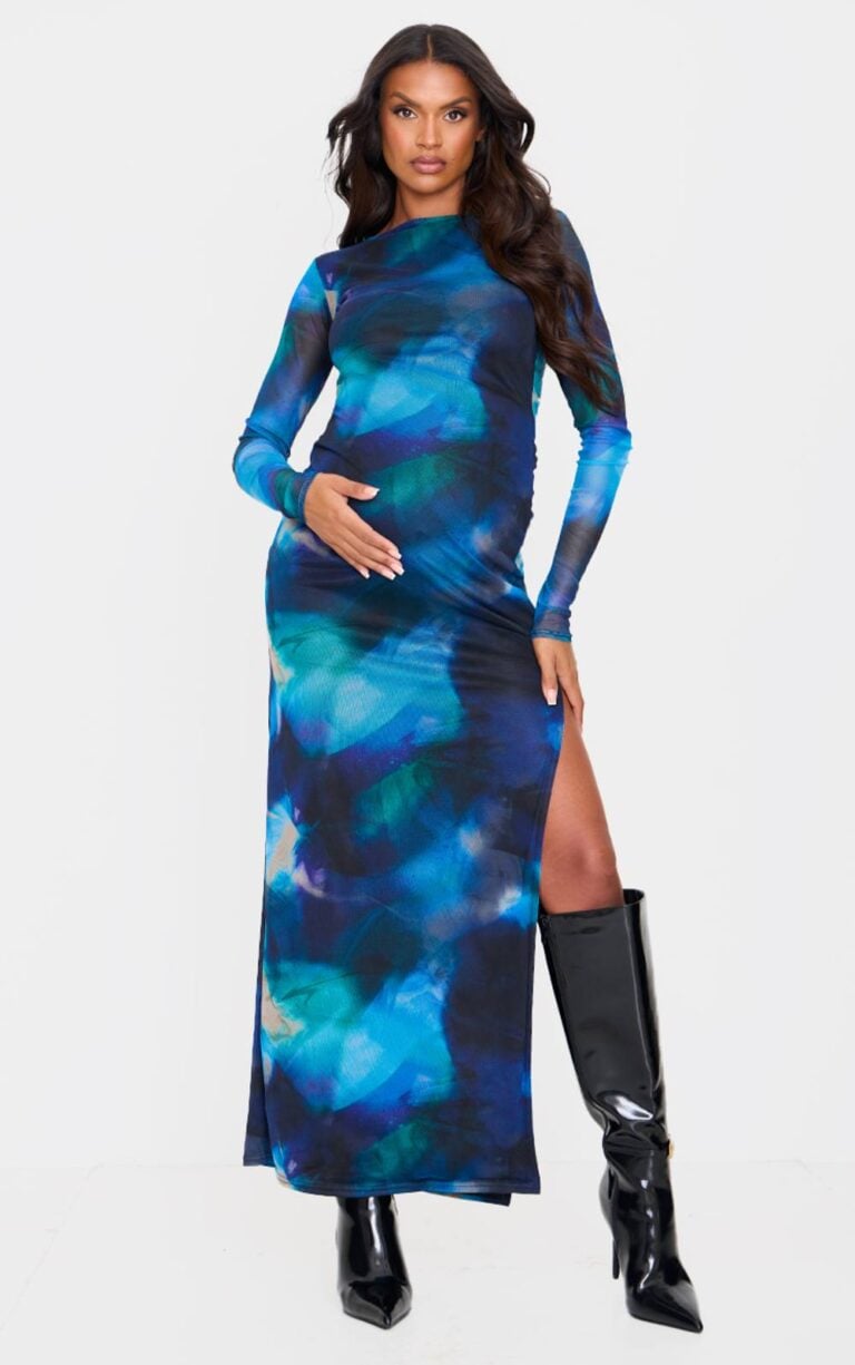 PrettyLittleThing Women's Maternity Printed Mesh Long Sleeve Maxi Dress, Black 6